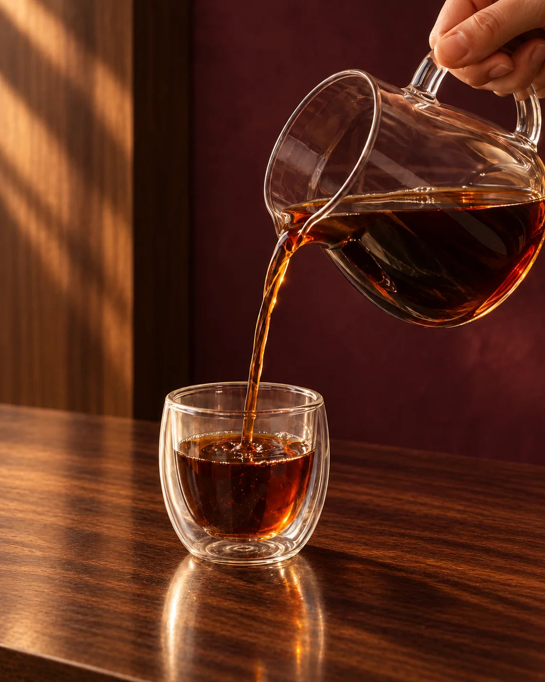 Illustrative serving scene of coffee poured from a glass server into a double-wall glass cup