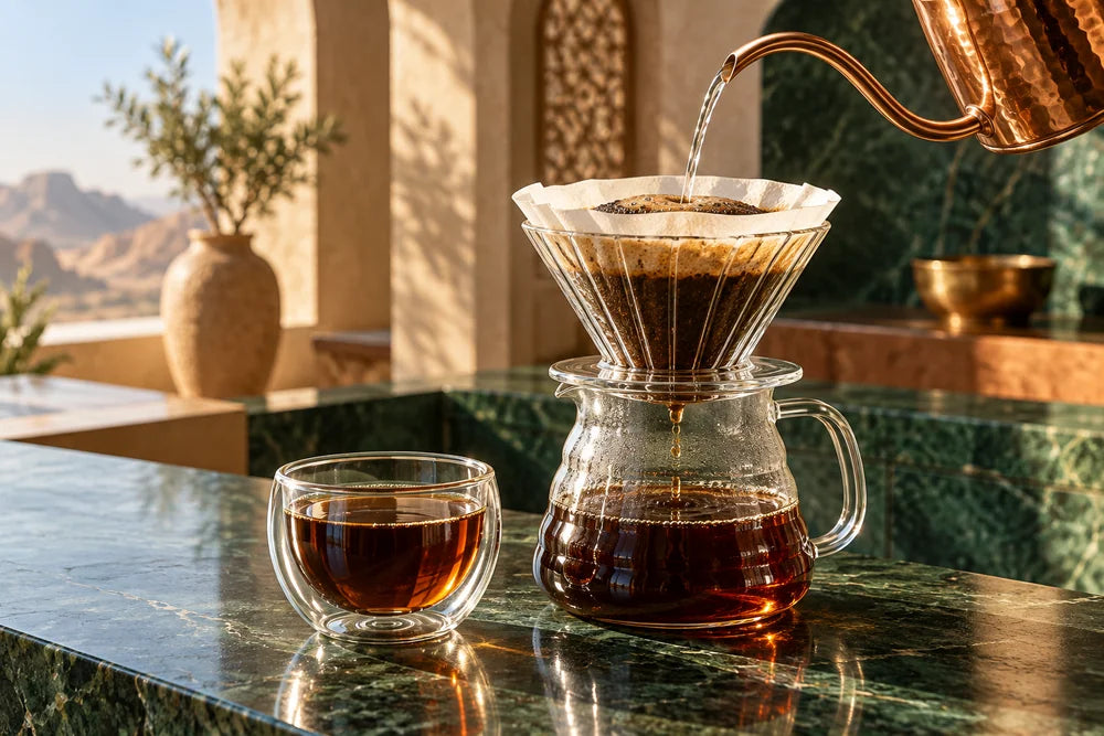 Pour-over coffee brewing in a glass dripper and server beside a glass cup on emerald stone, with a copper kettle.