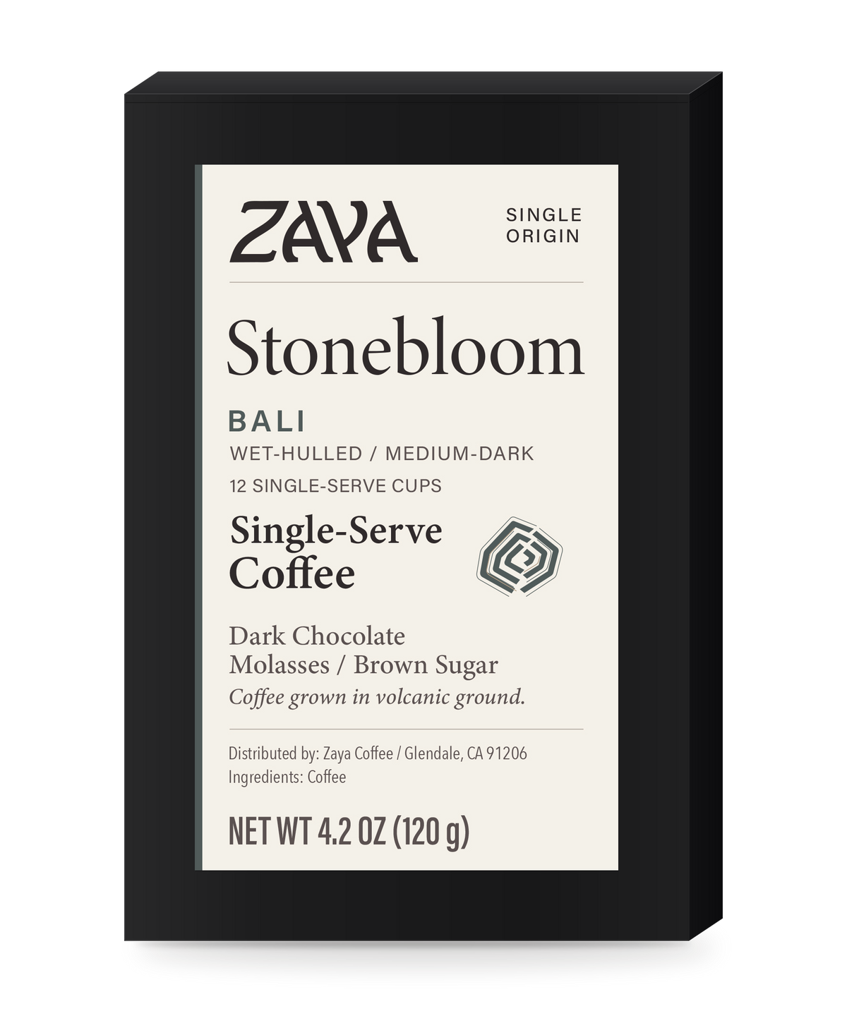 Stonebloom Bali single-serve coffee in a black Zaya carton, 12 cups.