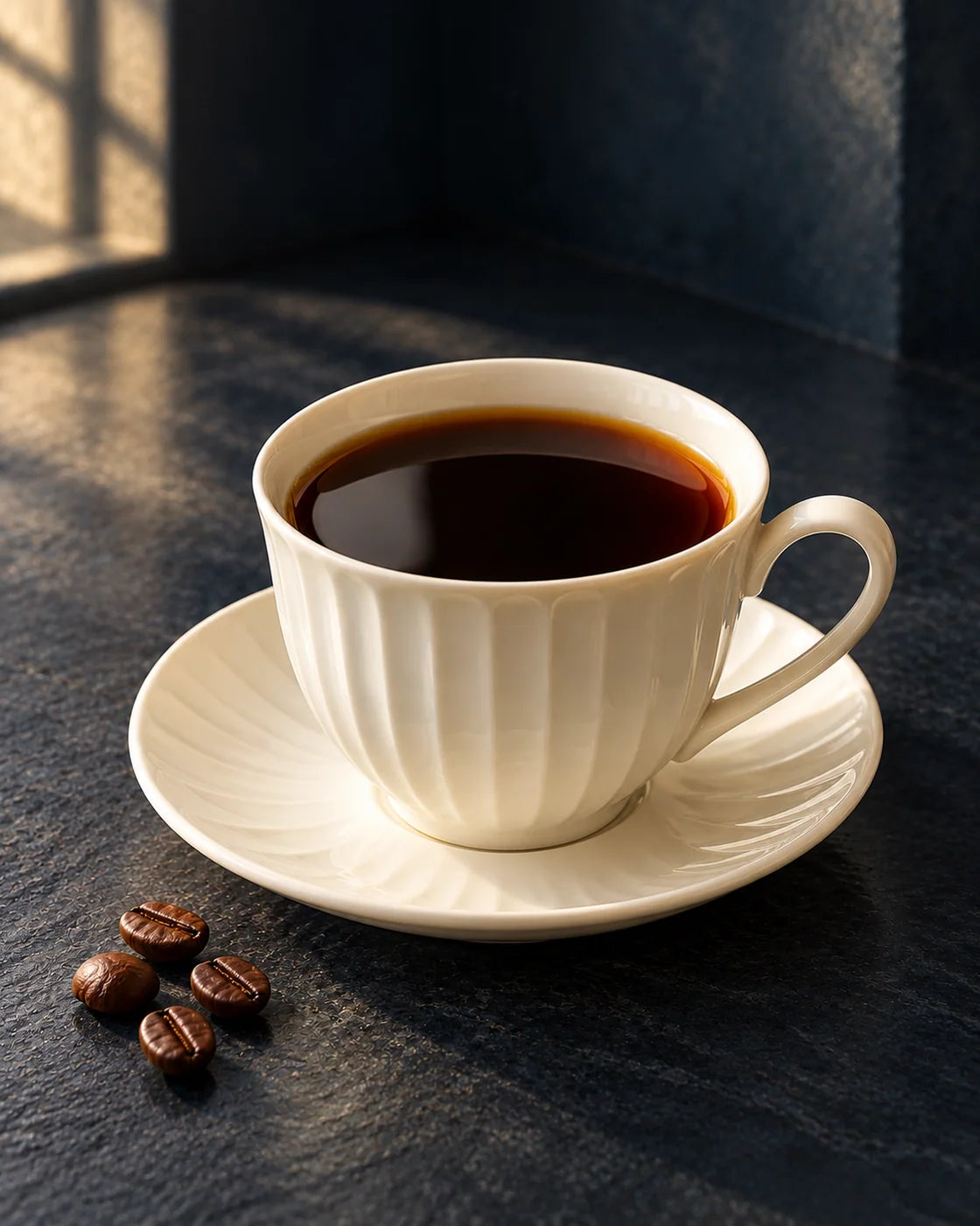 Illustrative finished coffee in an ivory cup with roasted coffee beans nearby