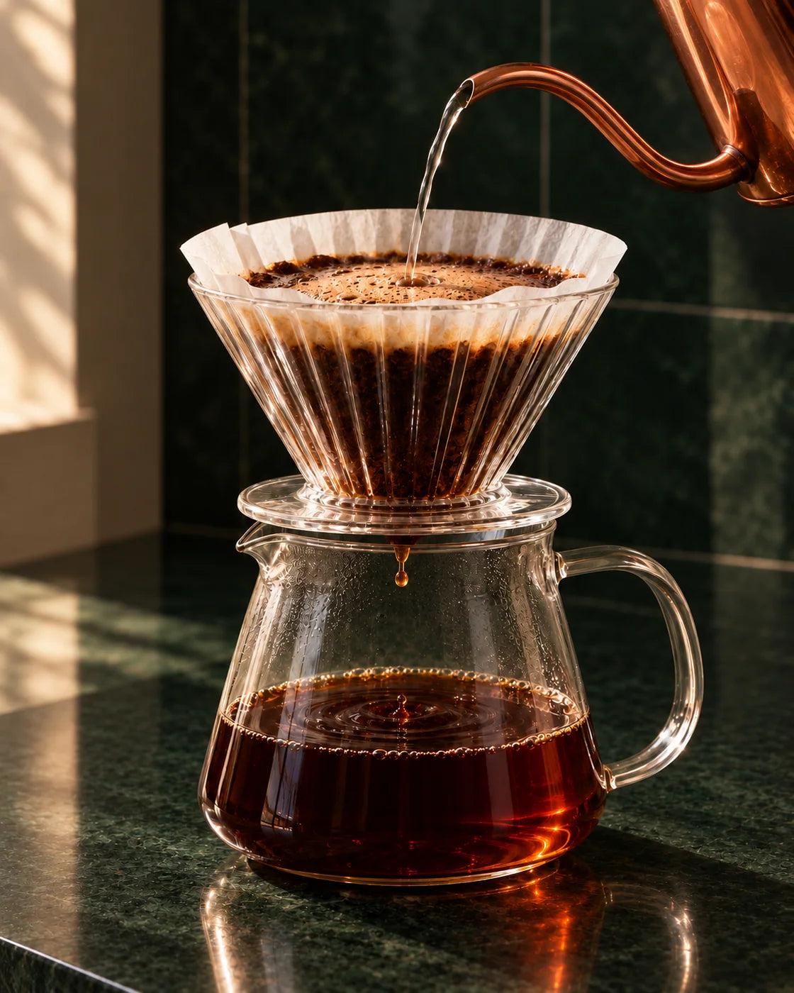 Illustrative pour-over brewing scene with a cone dripper, coffee grounds and a glass server