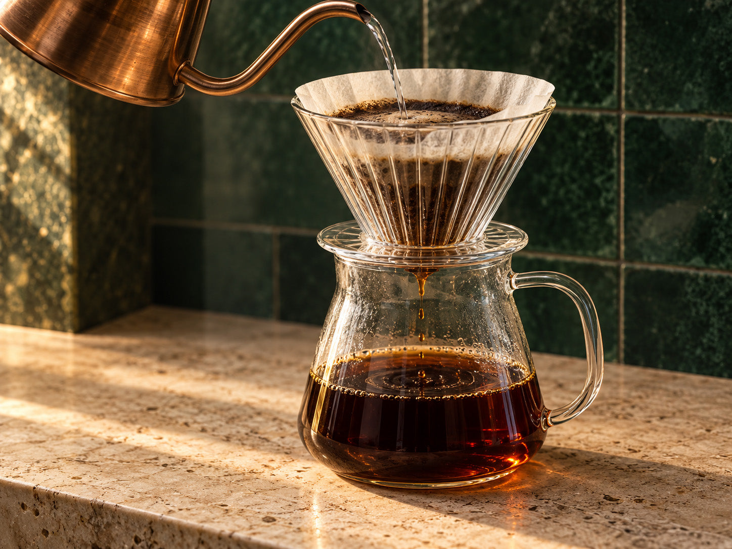 Serving illustration of a copper kettle pouring into a glass dripper over a carafe of rich brown coffee.