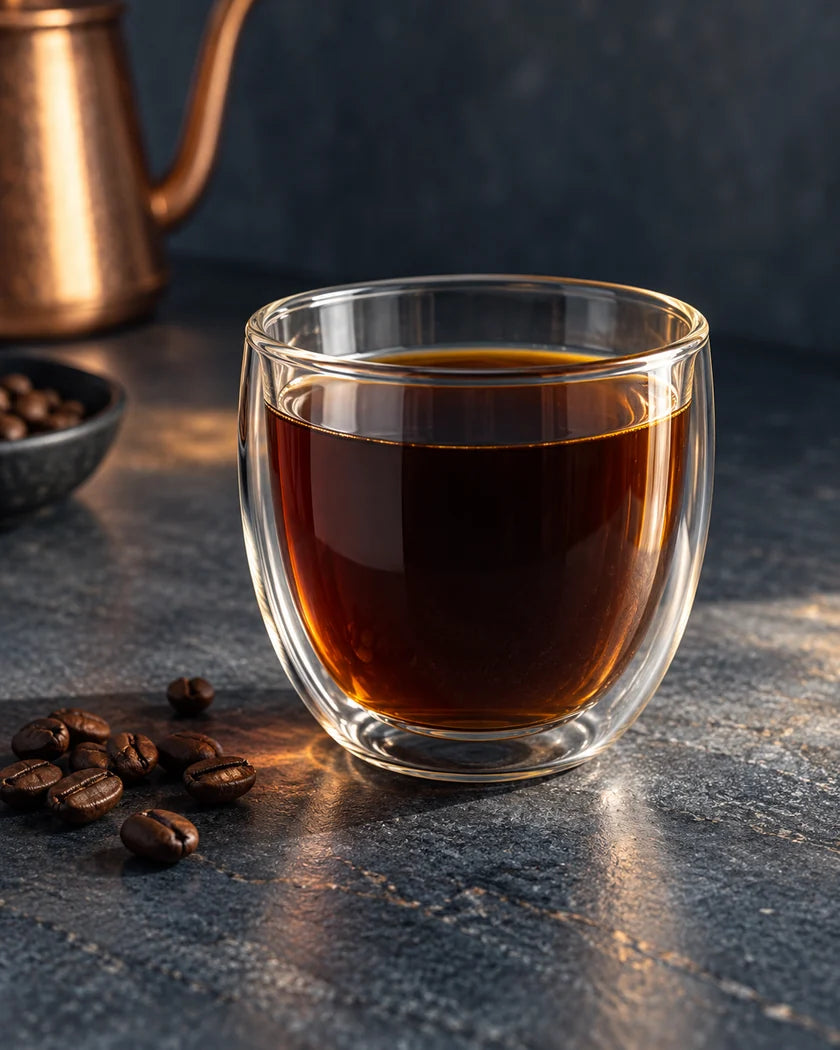 Illustrative finished filter coffee in a double-wall glass on slate-blue stone with quiet copper reflections.