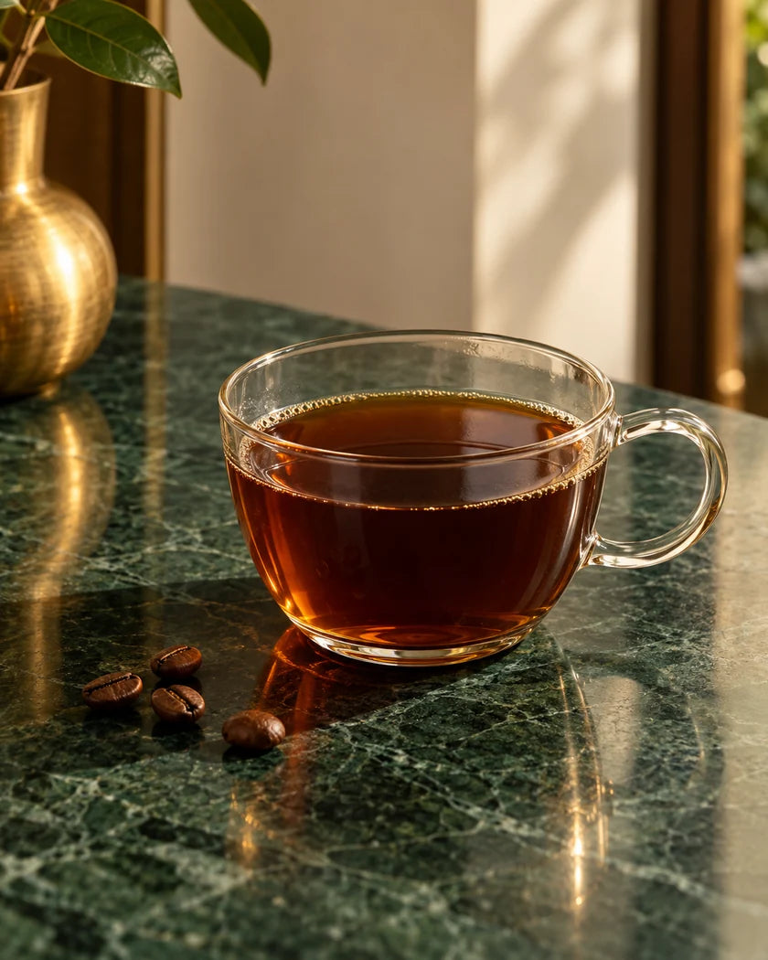 Illustrative finished filter coffee in a clear glass cup on emerald stone with soft brass reflections.