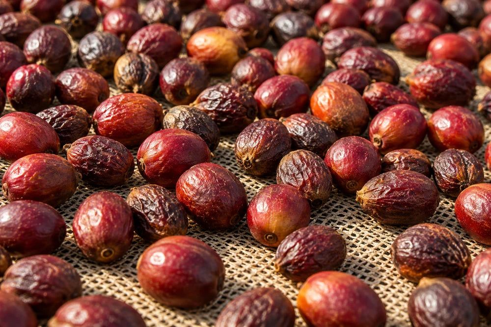 Illustrative close-up of whole coffee cherries drying on mesh in sunlight