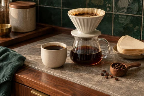 Illustrative coffee preparation scene with a ceramic dripper, glass server and porcelain cup on walnut and stone, against emerald tile.