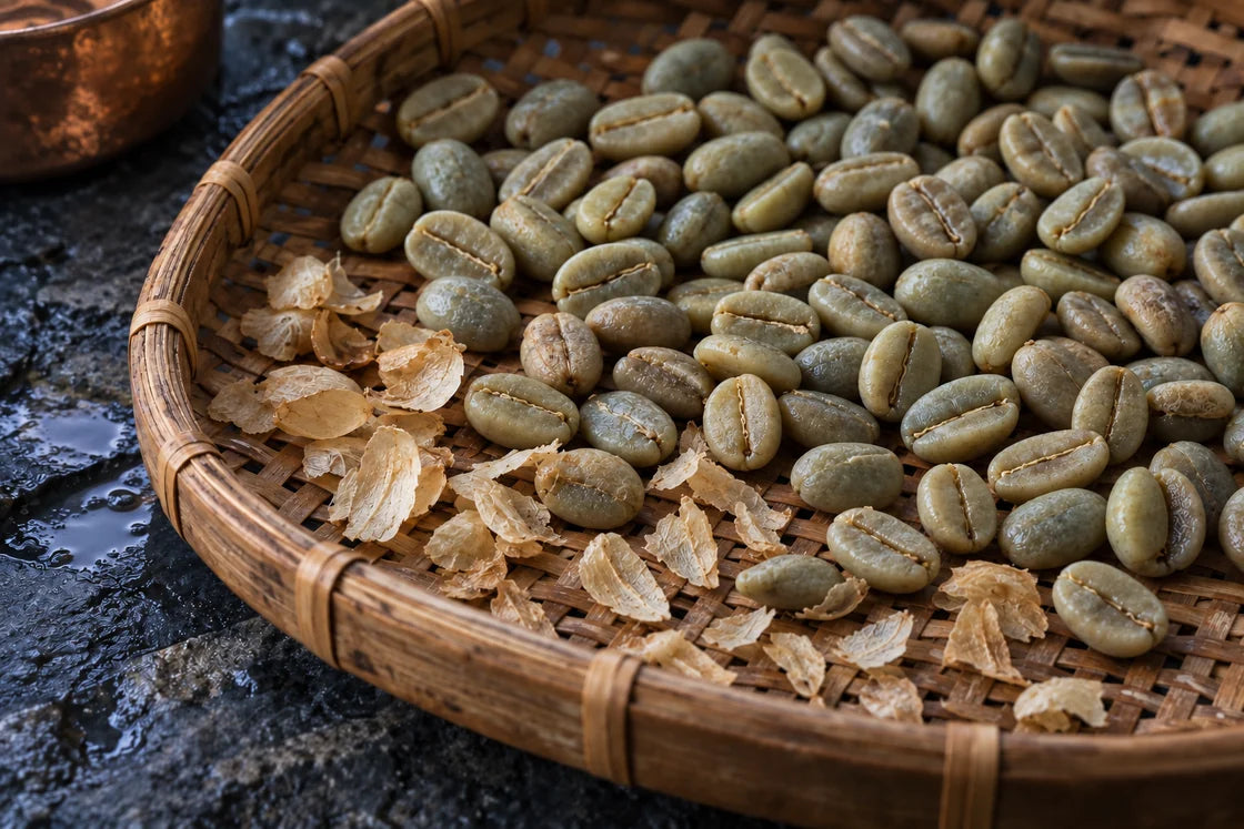 Illustrative material study of unroasted olive-gray coffee beans with pale parchment fragments