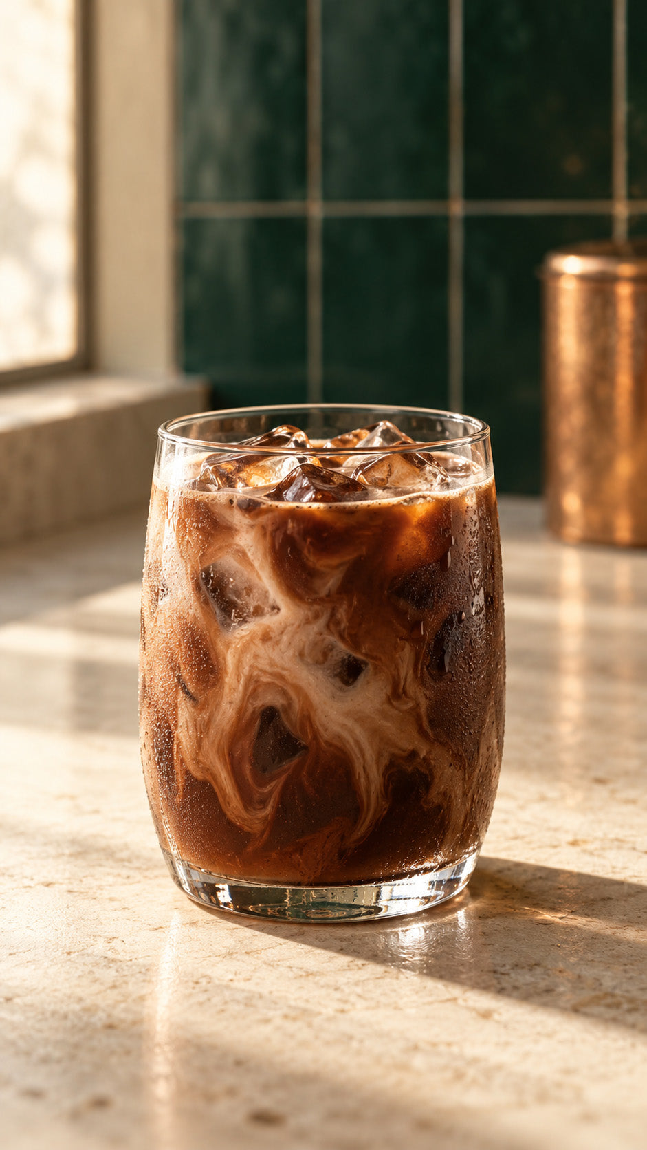 Illustrative iced mocha in a tall clear glass with ice, milk swirls and emerald tile behind it.